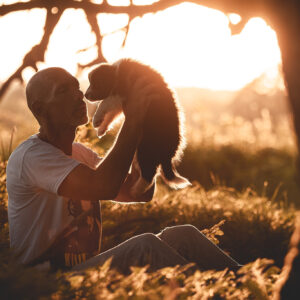 Züchter mit einem Border Collie Welpen bei Sonnenuntergang